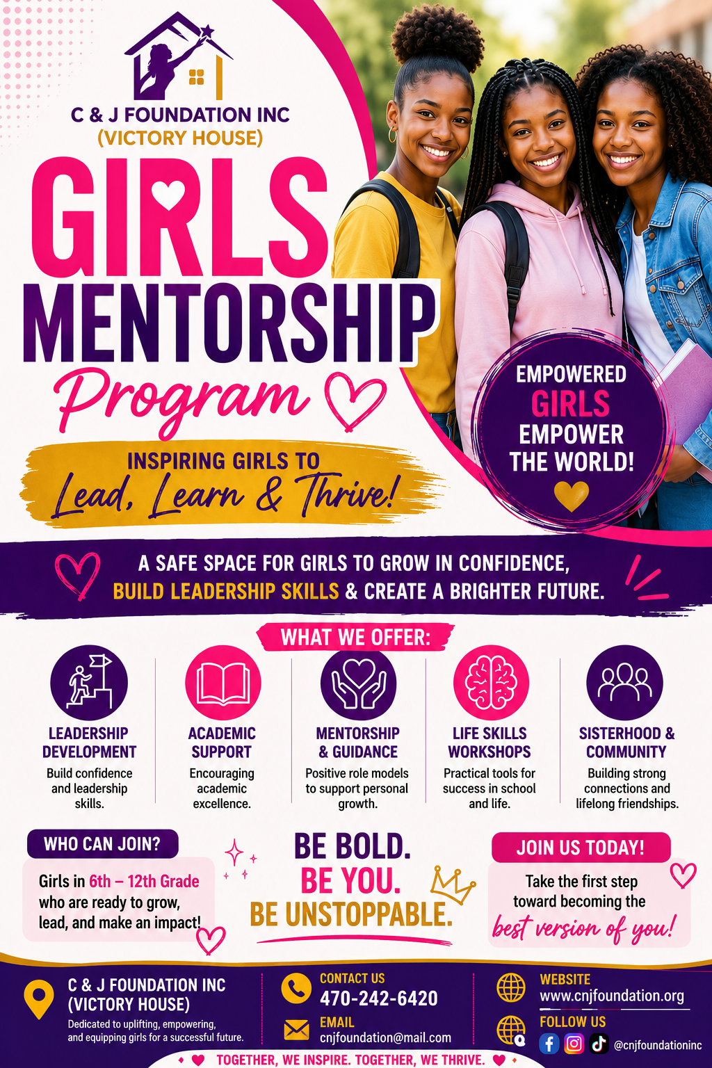 Girls Teen Mentorship Program flyer — empowering teen girls to lead, learn and thrive